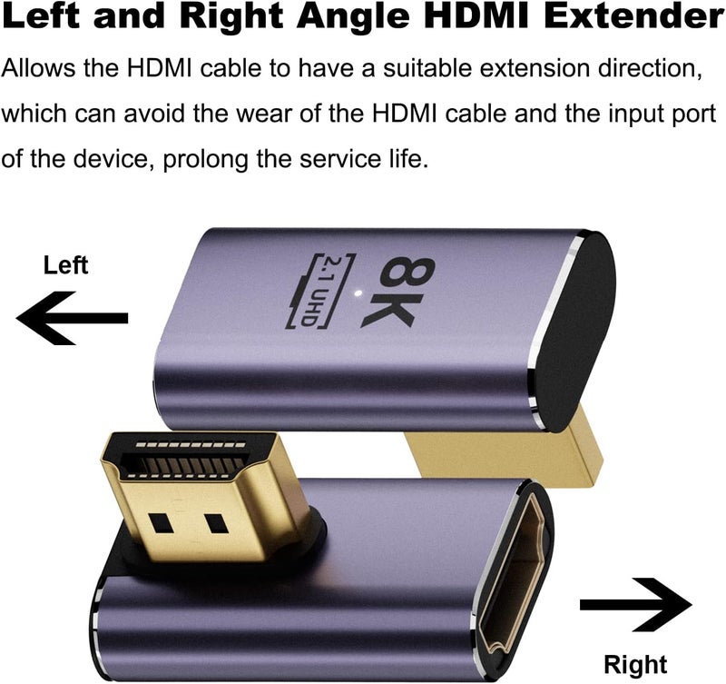 AreMe 8K HDMI 2.1 Right Angle Adapter (2 Pack), Left&Right 90 Degree and 270 Degree HDMI Male to HDMI Female Extender Connector Aluminum Alloy (34 * 24 * 9MM) - Image 4